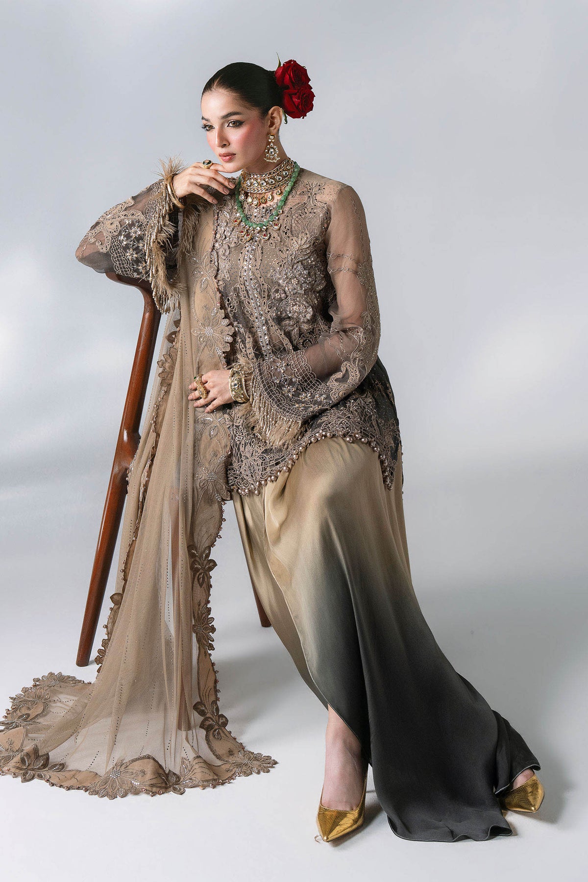 BD-3102 Coffee & Grey Embroidered Chiffon Suit