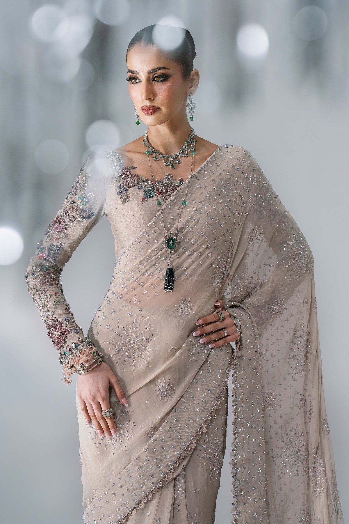 Maria B Mbroidered BD-3103 grey chiffon saree