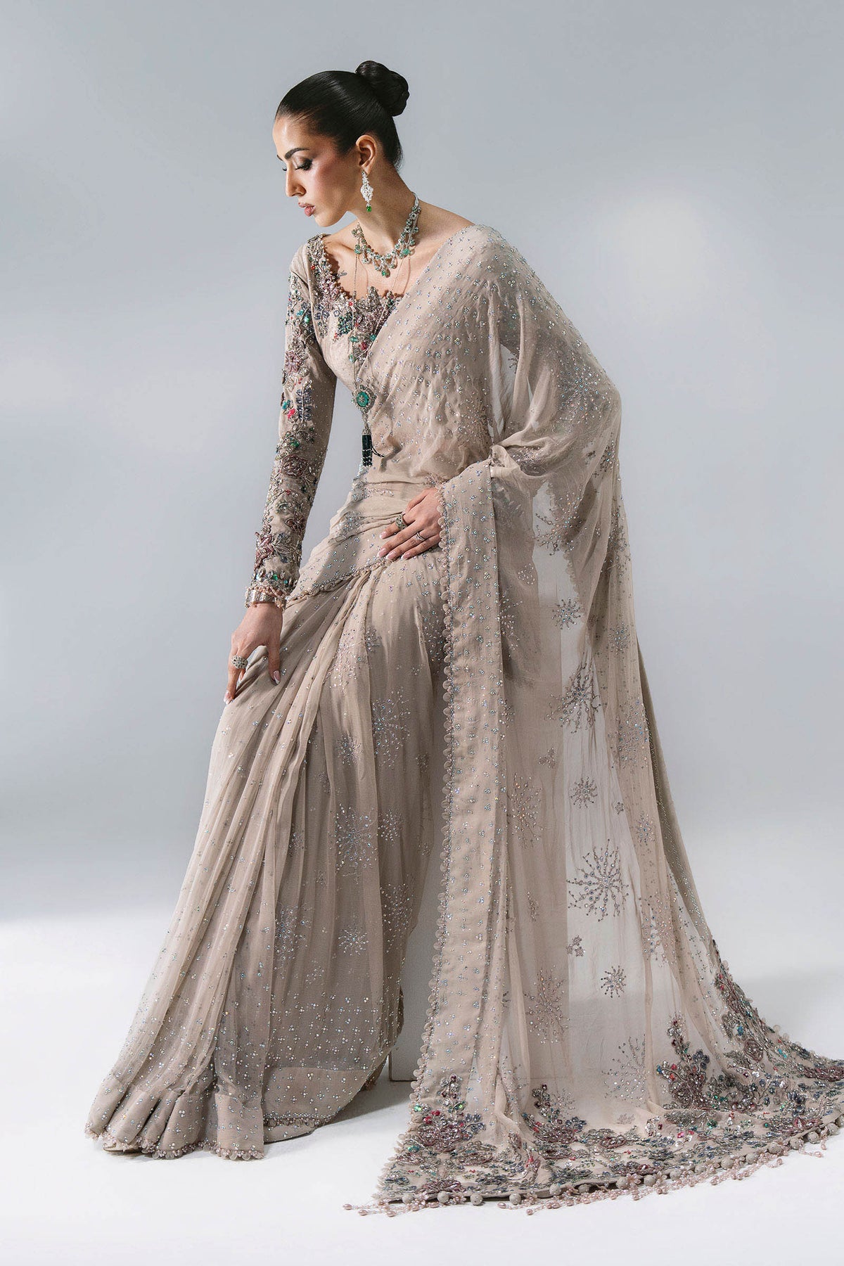 BD-3103 Mouse Grey Embroidered Chiffon Saree