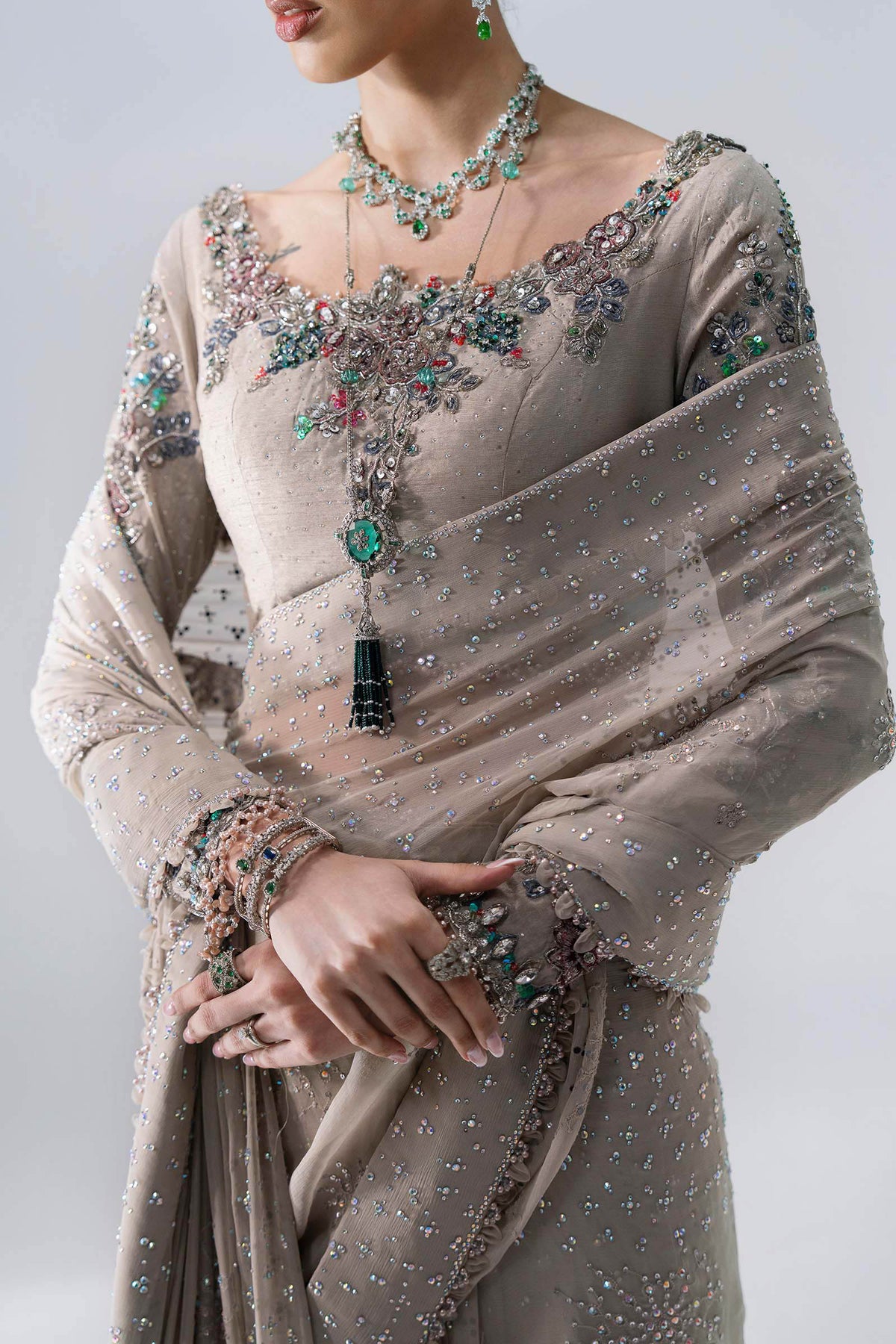BD-3103 Mouse Grey Embroidered Chiffon Saree