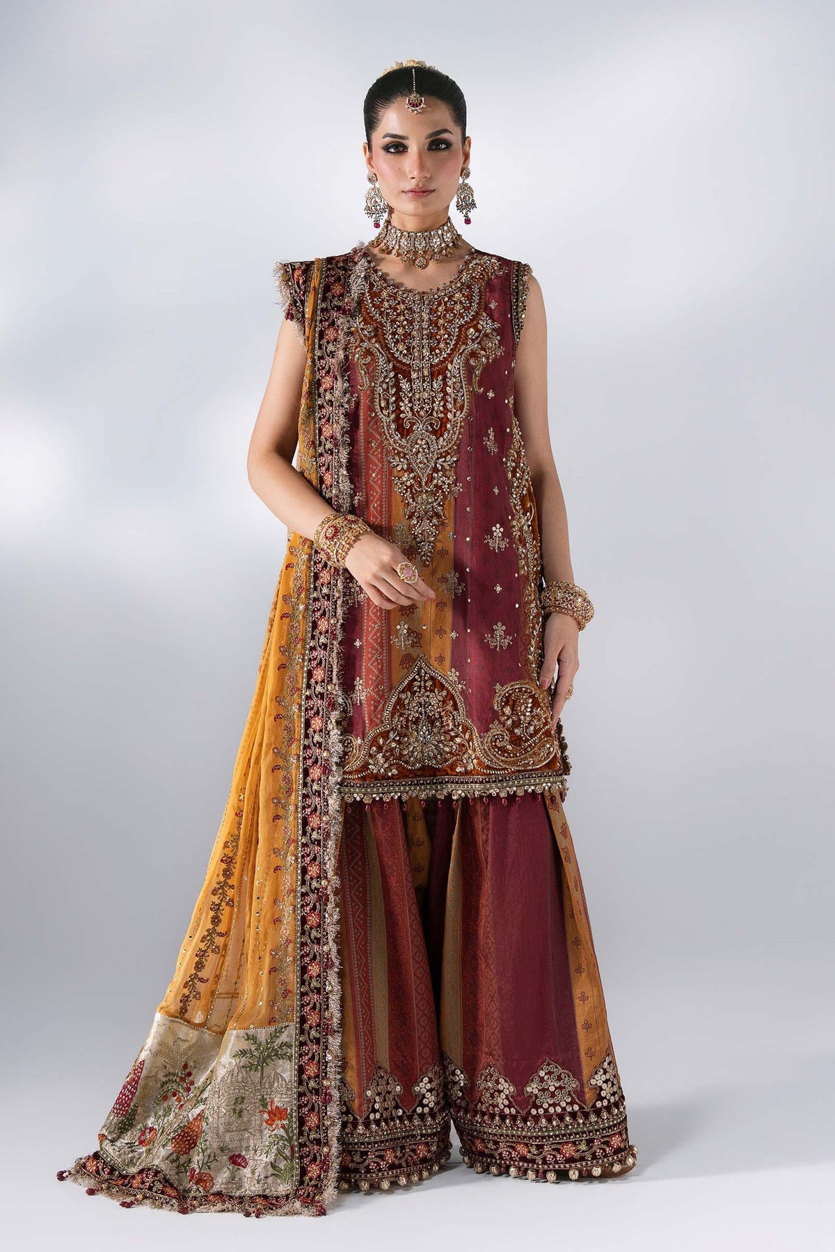 BD-3104 Rust & Maroon Embroidered Raw Silk Suit