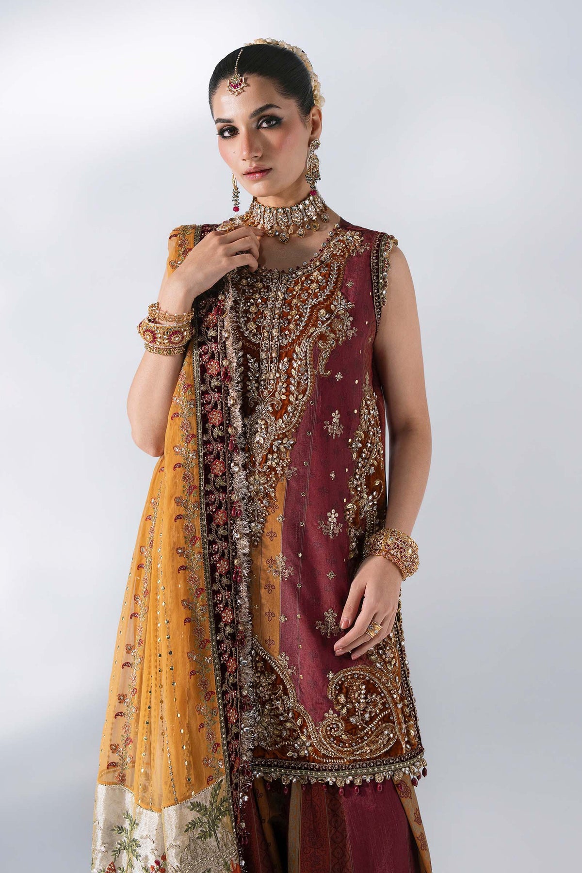 BD-3104 Rust & Maroon Embroidered Raw Silk Suit