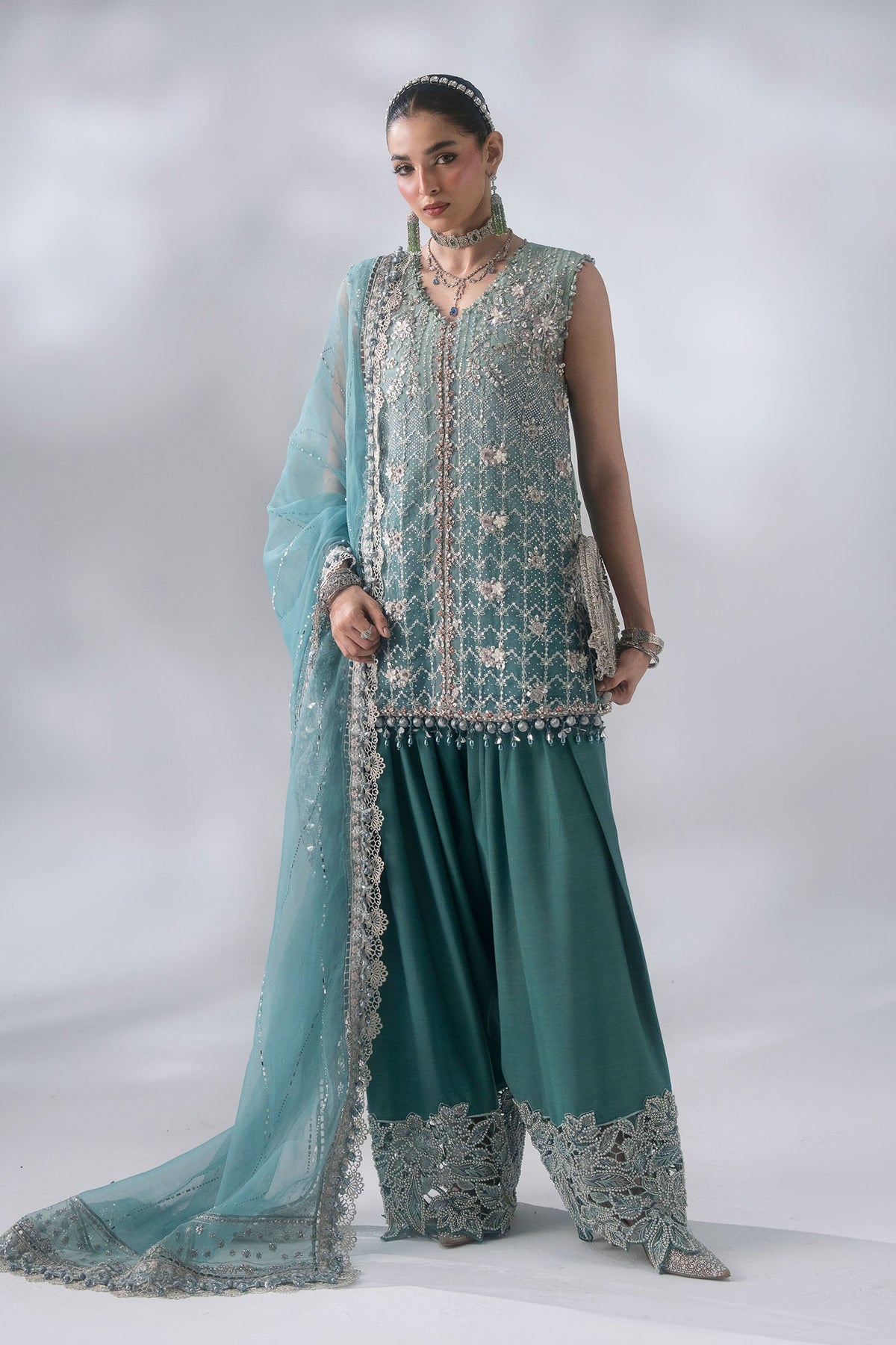 BD-3107 Aqua & Sea Green Embroidered Organza Suit