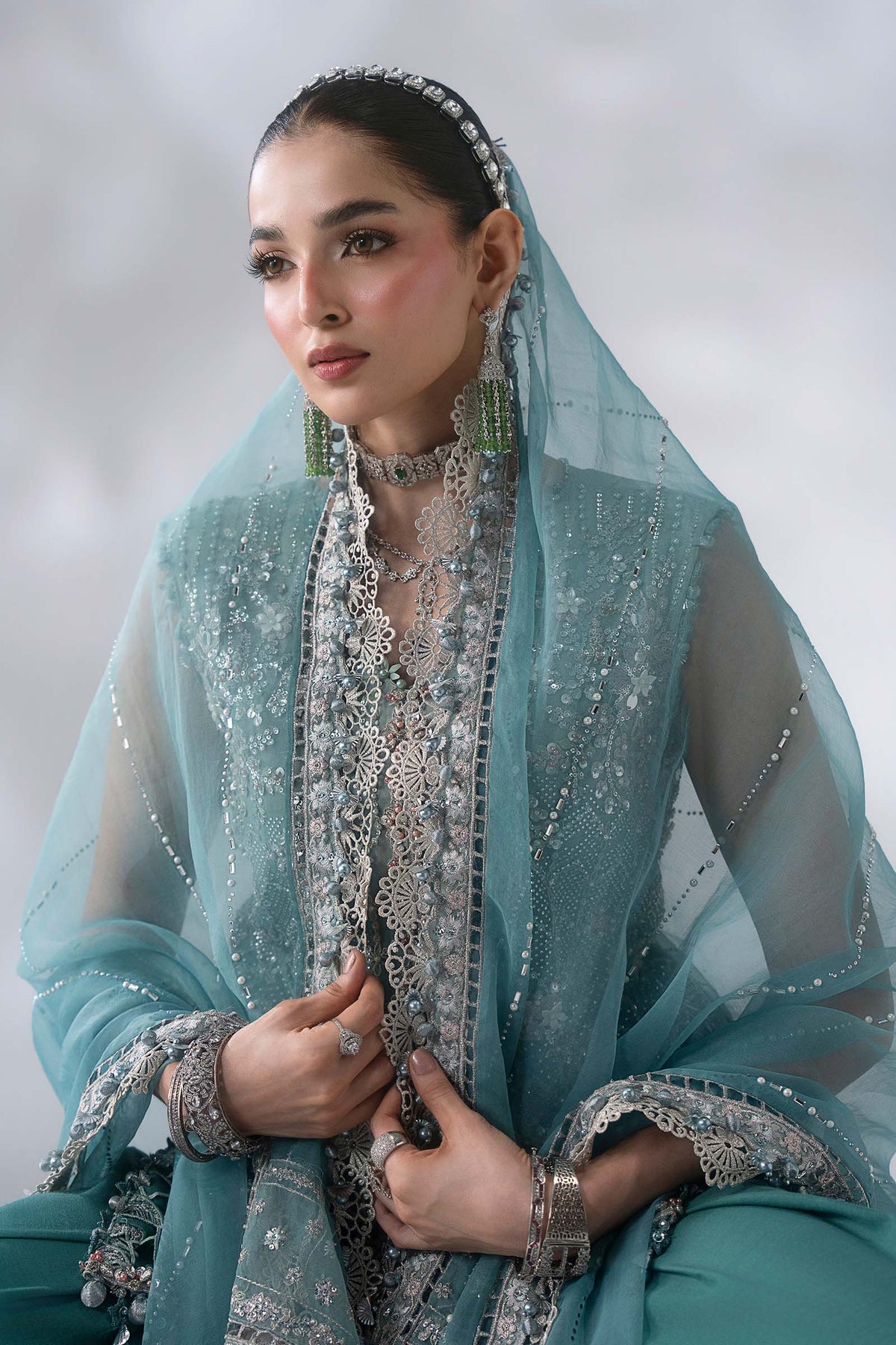 BD-3107 Aqua & Sea Green Embroidered Organza Suit