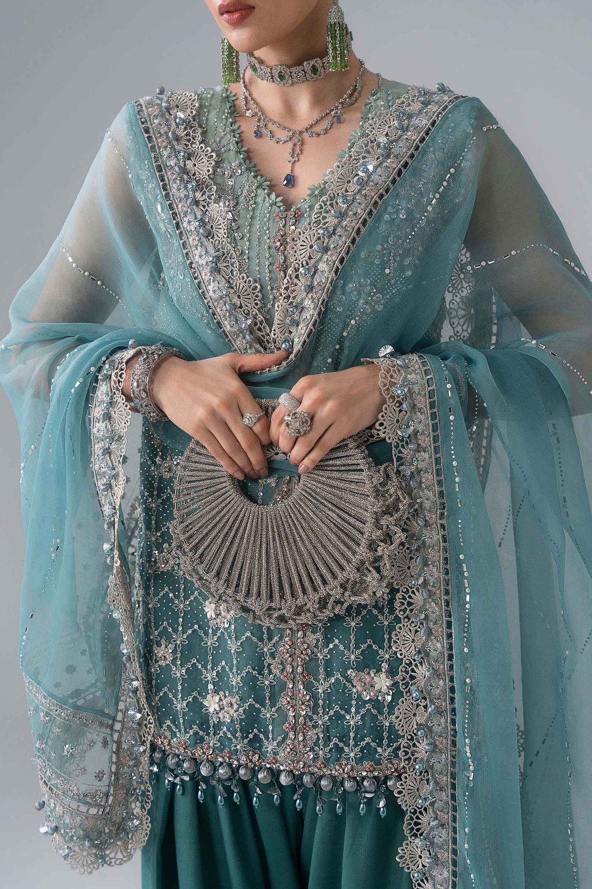 BD-3107 Aqua & Sea Green Embroidered Organza Suit