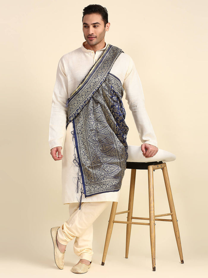 Men's Navy Blue Banarasi Silk Dupatta for Kurta/Sherwani/Achkan