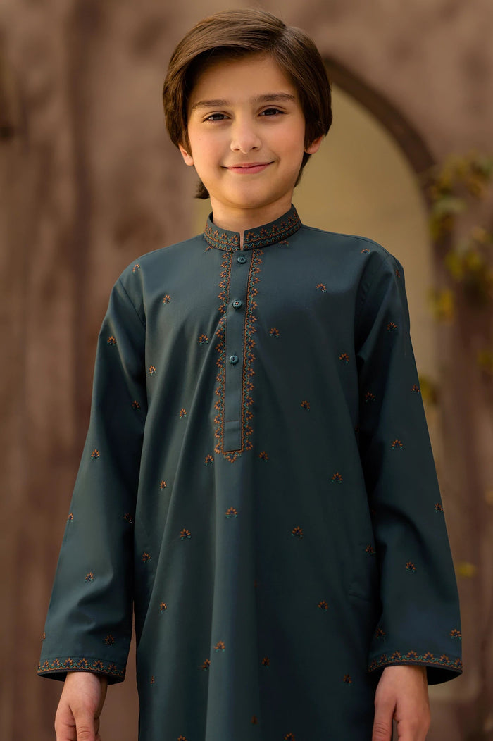 Dark Green Boys Kurta Pajama with Embroidery