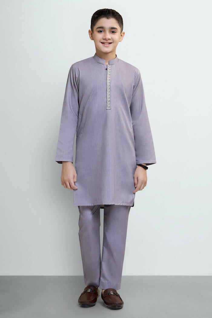 Muted Red Boys Kurta Embroidered Pajama