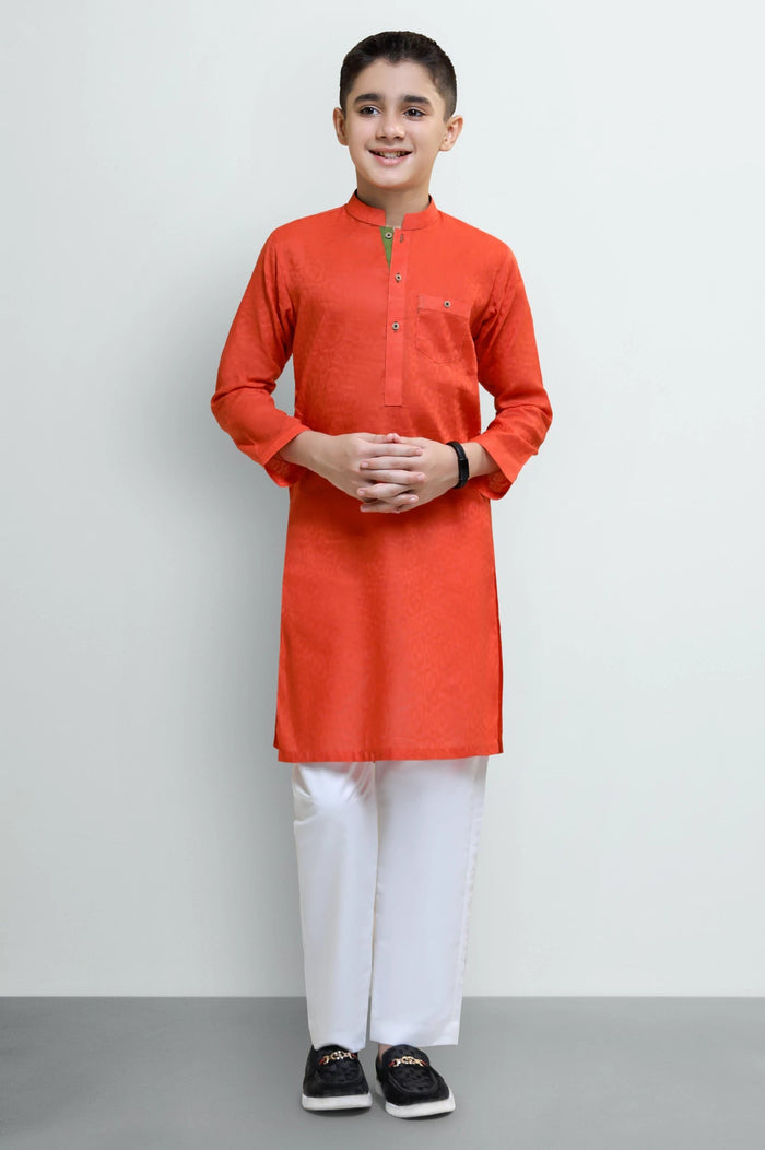 Orange Boys Self Textured Kurta Pajama