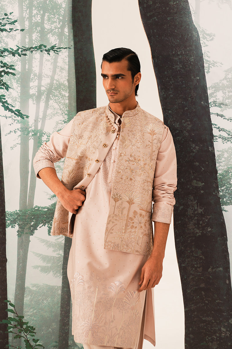 Farzam' Hand Embroidered Coral Pink Waistcoat
