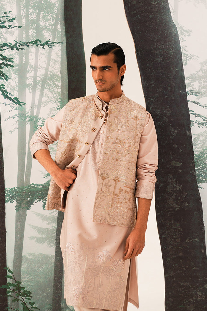 Farzam' Hand Embroidered Coral Pink Waistcoat