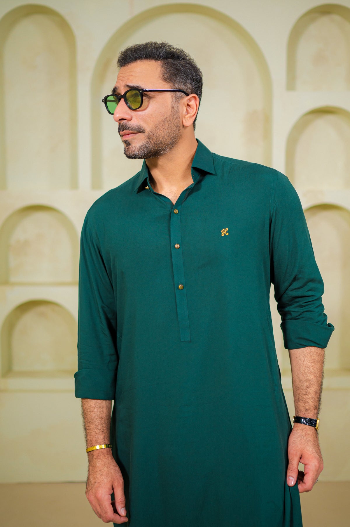 Emerald Green Bosky Linen Shalwar Kameez