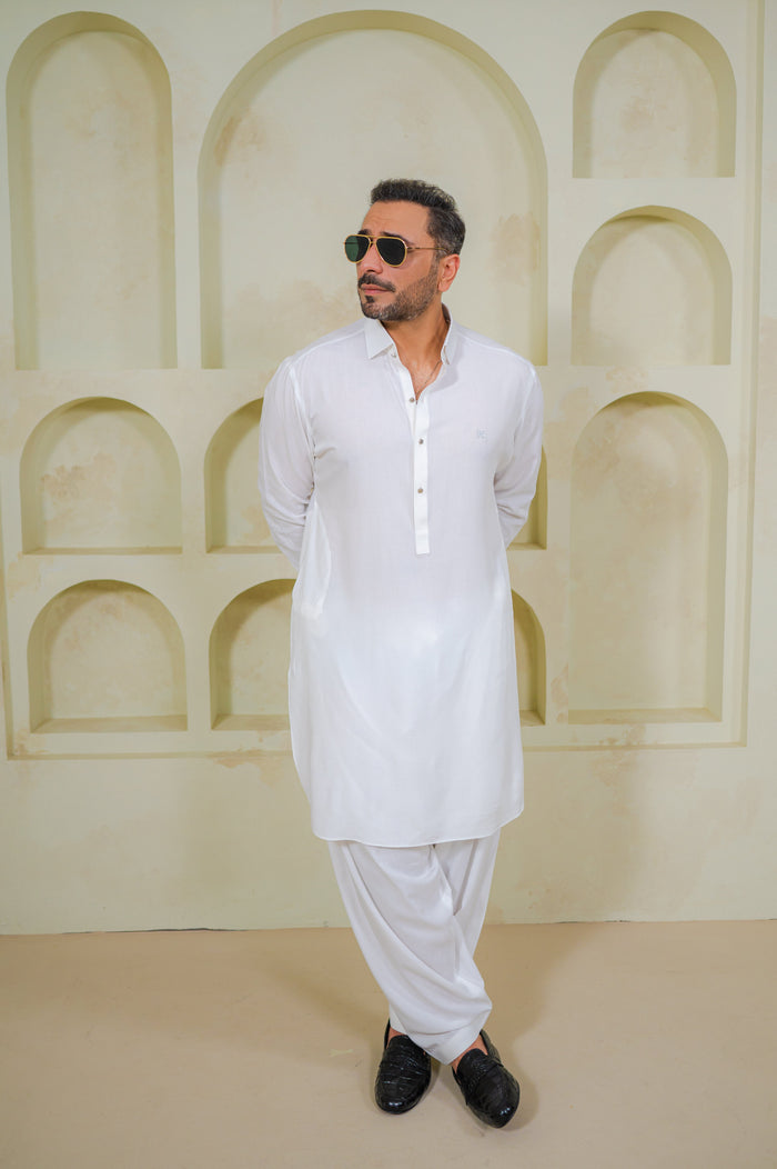 White Bosky Linen Shalwar Kameez