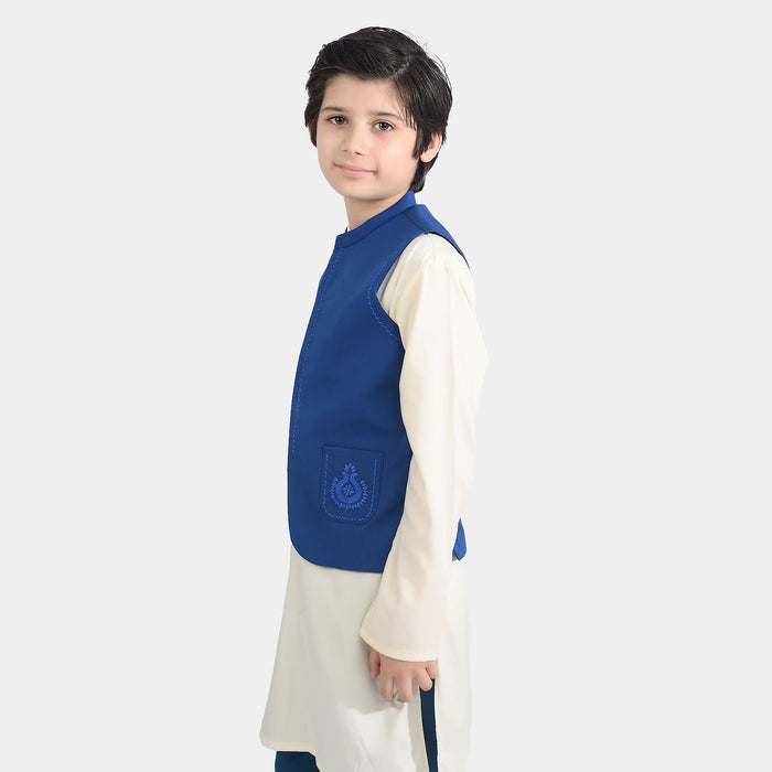 Boys Cotton Poplin Waist Coat (Front Pkt)-Blue
