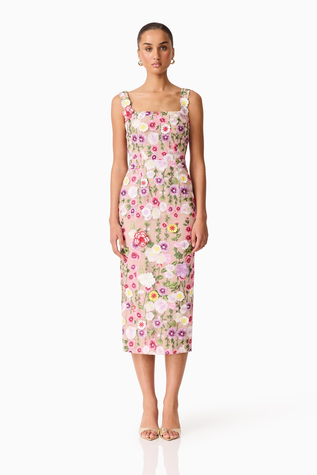 Neve Applique Midi Dress in Pink Floral