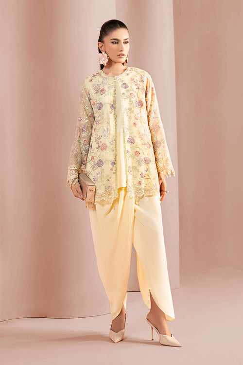 3 Piece Embroidered Cotton Net Suit DW-EA25-14-YELLOW