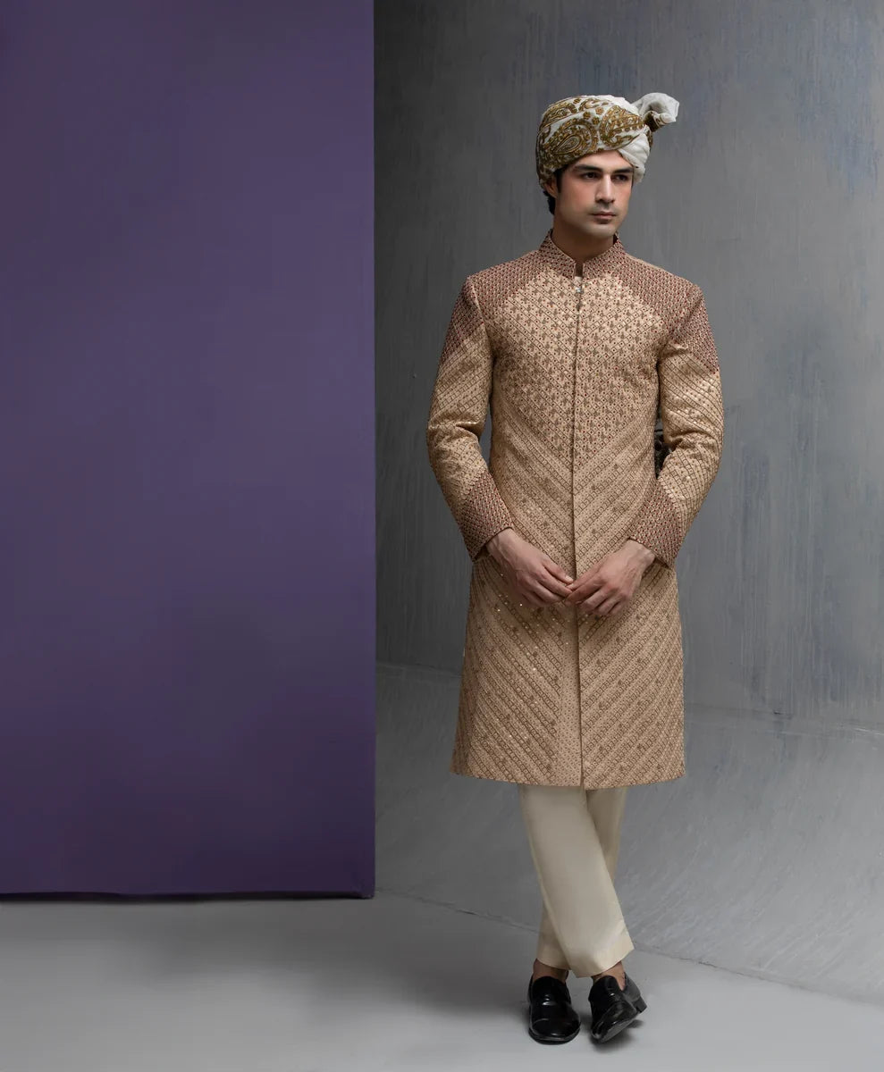 Eman - Gold & Maroon Sherwani Set - Saliqaa'2025