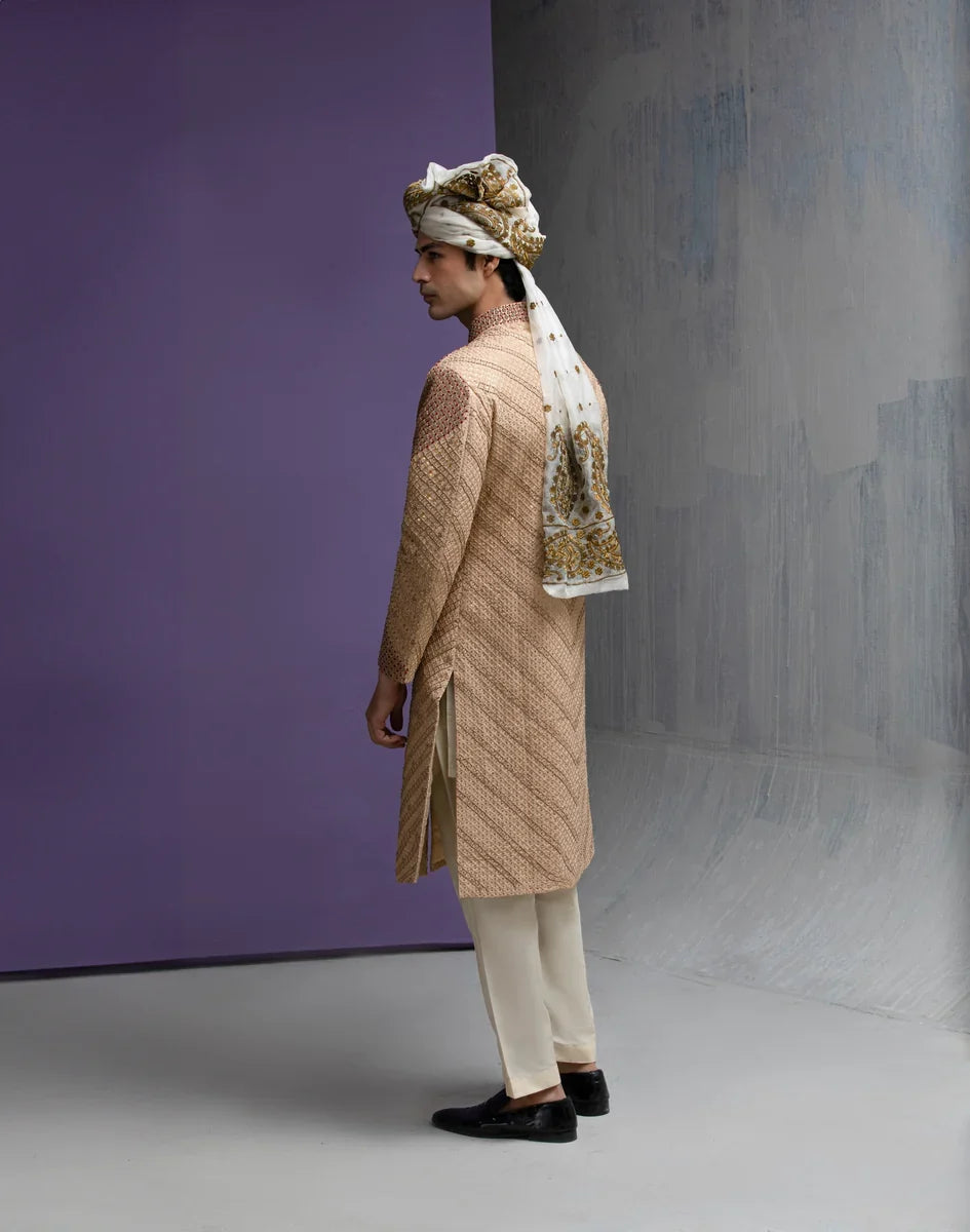 Eman - Gold & Maroon Sherwani Set - Saliqaa'2025