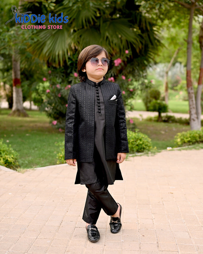 Black Sequence Embroidered Open Prince Coat