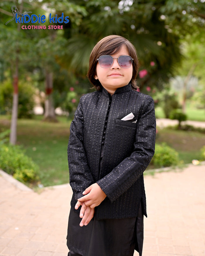 Black Sequence Embroidered Open Prince Coat