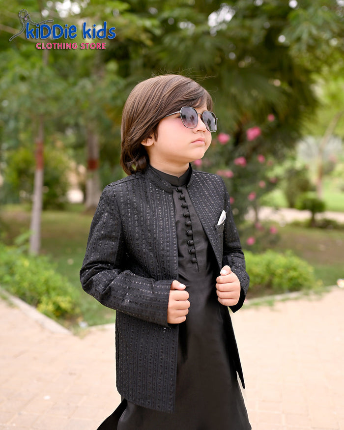 Black Sequence Embroidered Open Prince Coat