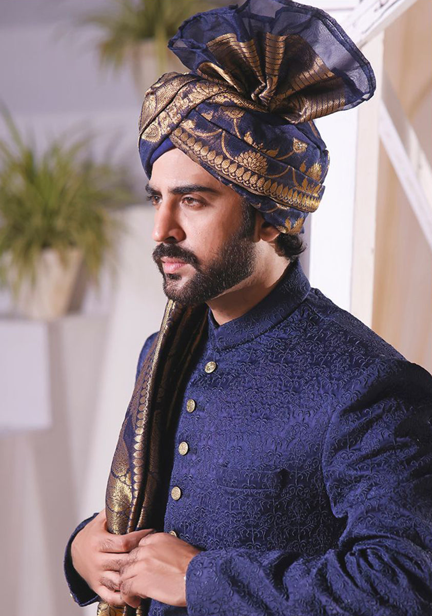 Premium Satin Navy Blazer Embroidered Sherwani