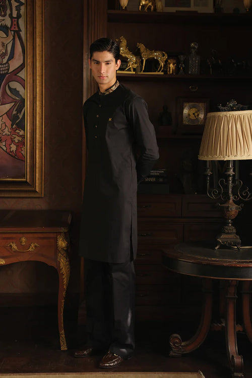BLACK STRETCHABLE COTTON KURTA PAJAMA