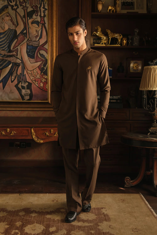 LIGHT BROWN SELF CHAMBRAY WASH N WEAR KURTA PAJAMA