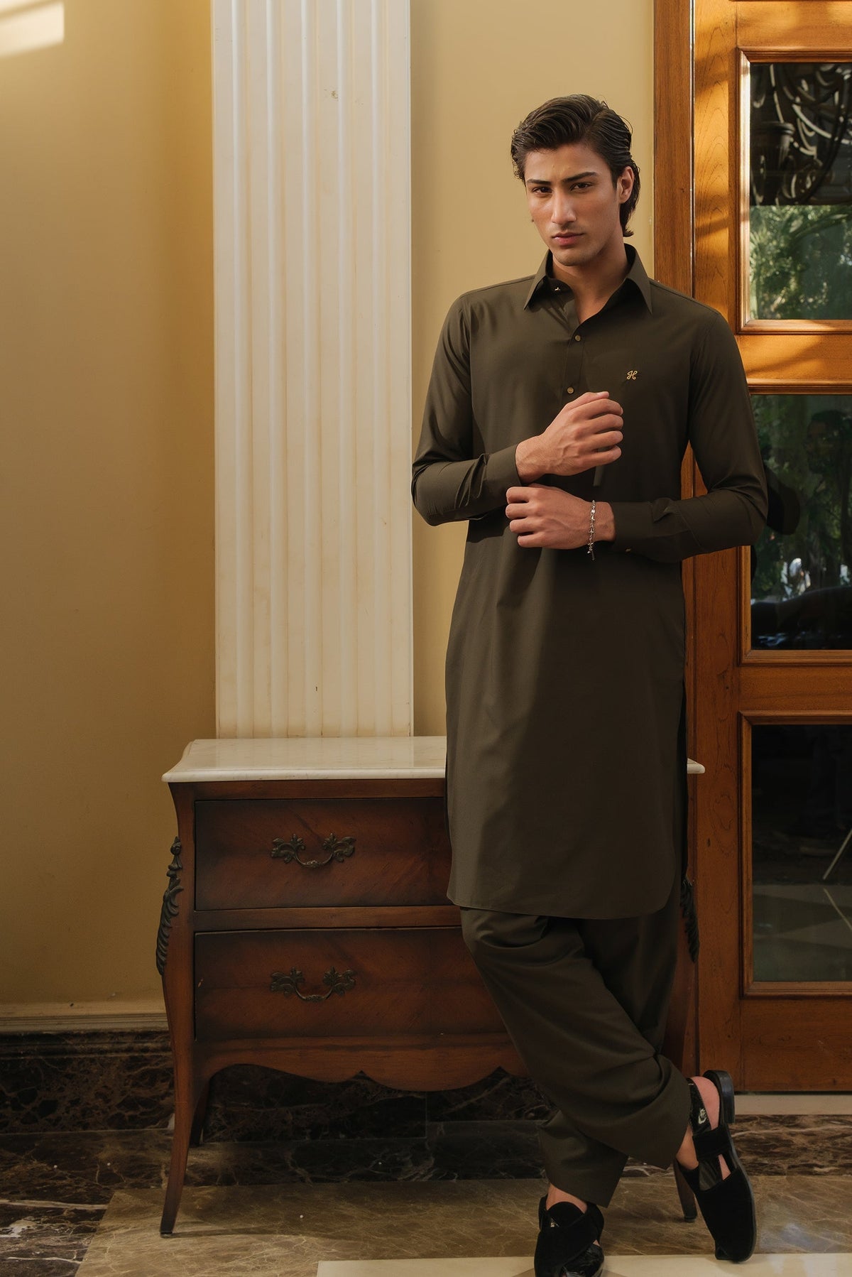Olive Green Wash N Wear Shalwar Kameez