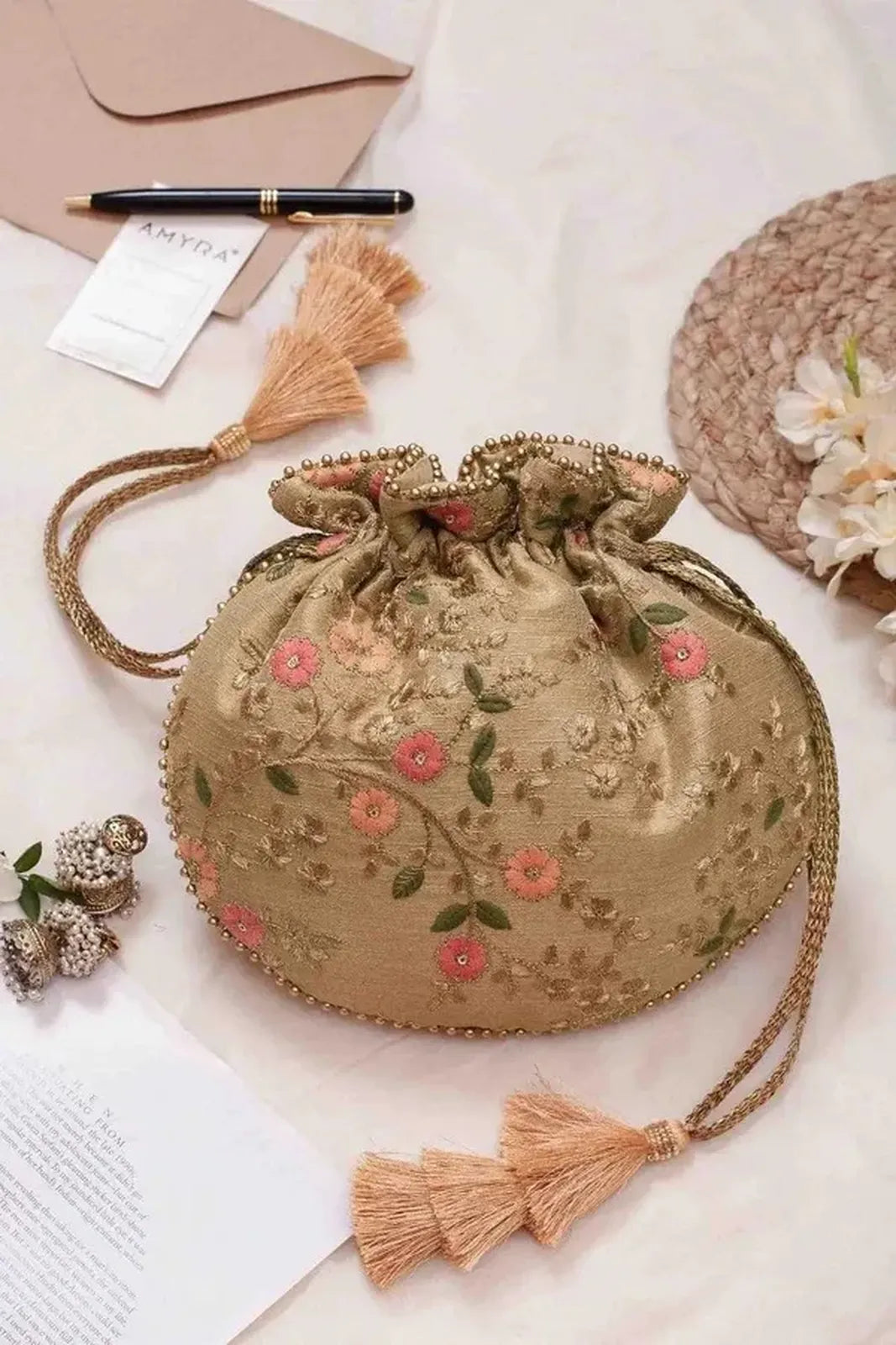 Floral Creeper Gold Potli Bag