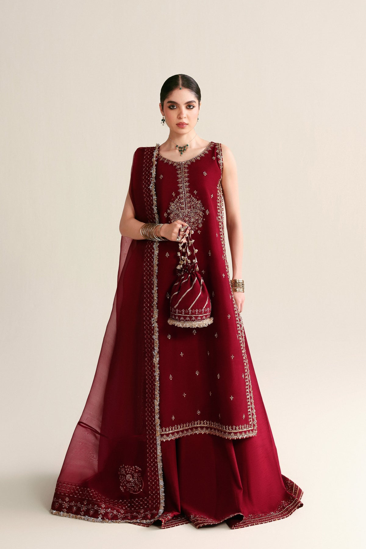 Maroon embellished raw silk 3-piece