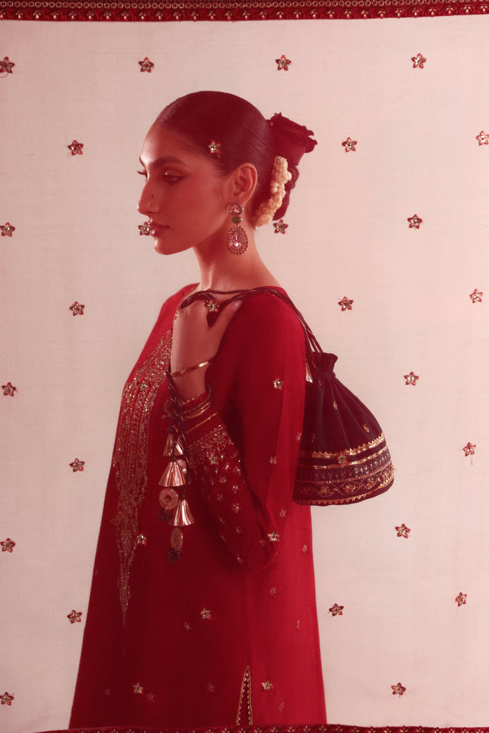 Ruby Red Embellished Raw Silk 3-Piece (Wedding Edit 2026)