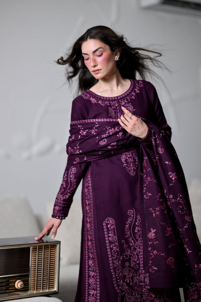 Dalia – Deep Plum Embroidered Karandi 3-Piece Suit