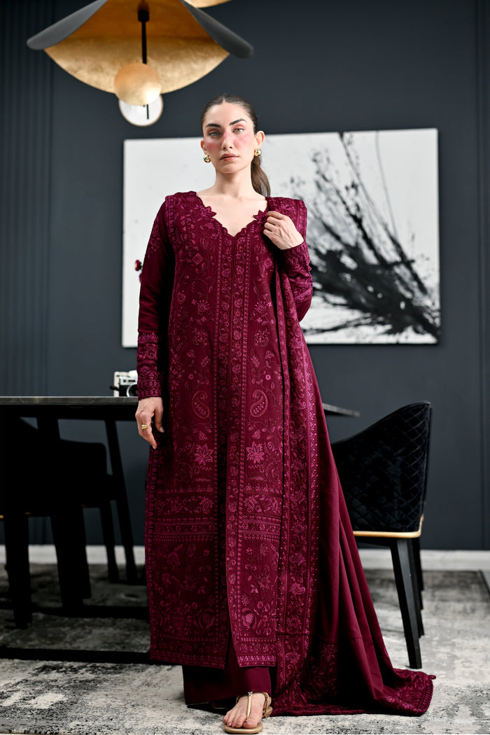 Celia – Burgundy Embroidered Karandi 3-Piece Suit