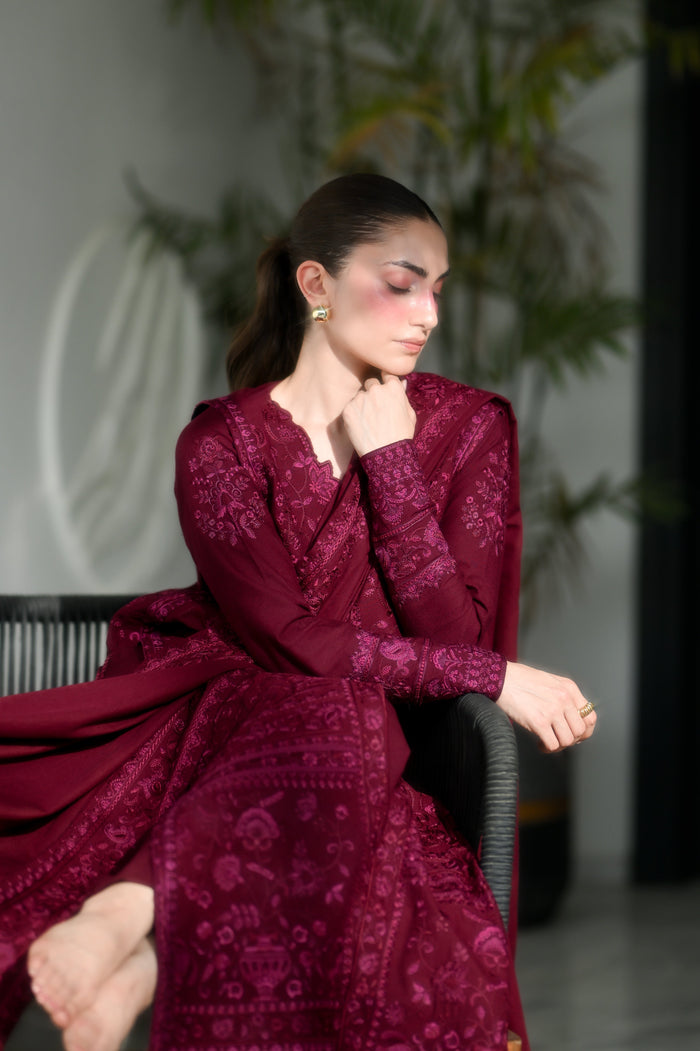 Celia – Burgundy Embroidered Karandi 3-Piece Suit