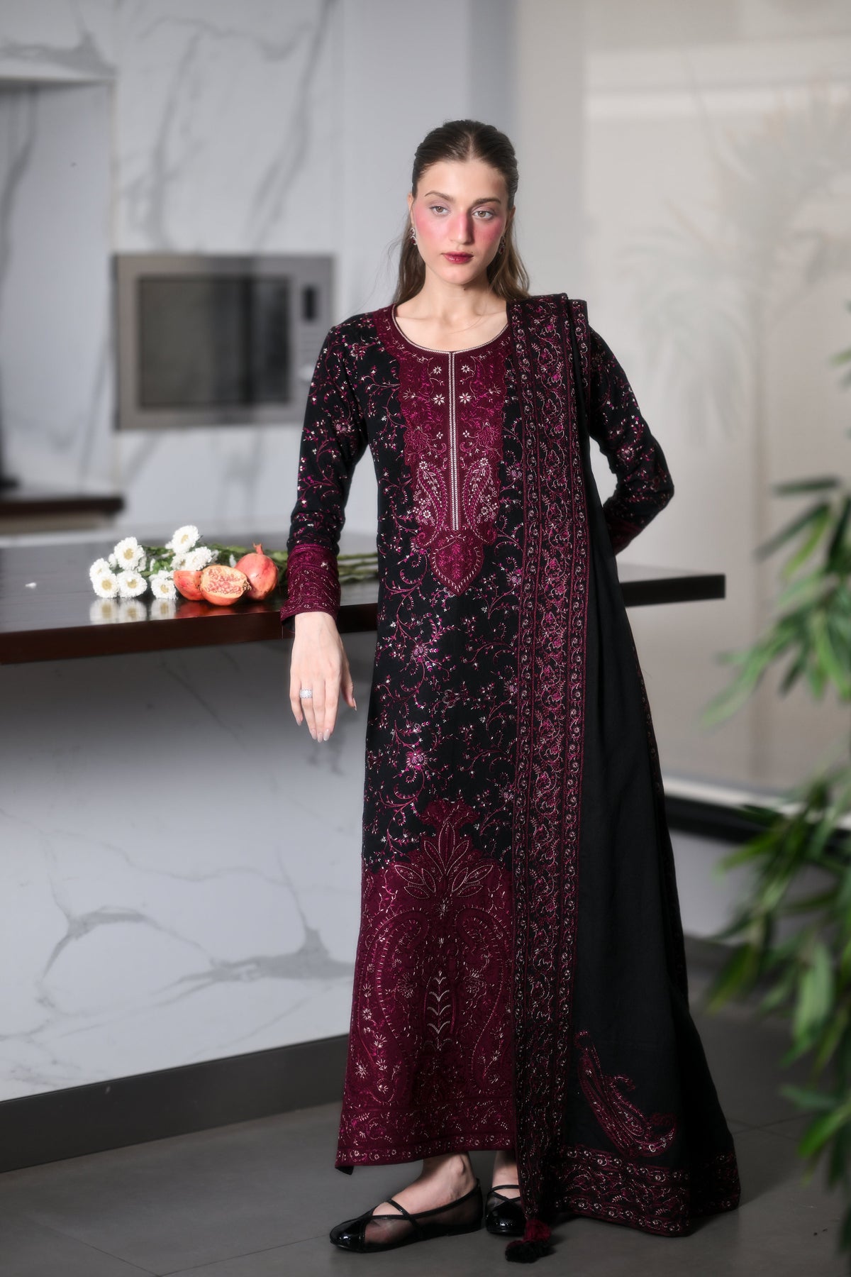 Black and Maroon Embroidered Karandi 3-Piece Suit