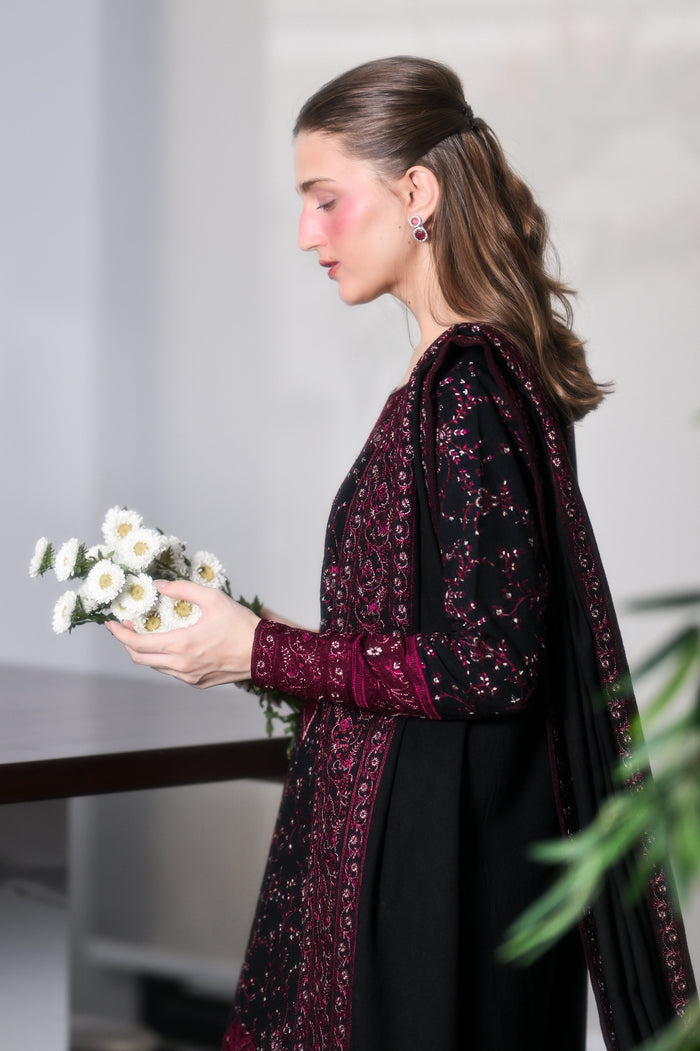 Black & Maroon Embroidered Karandi 3-Piece Suit