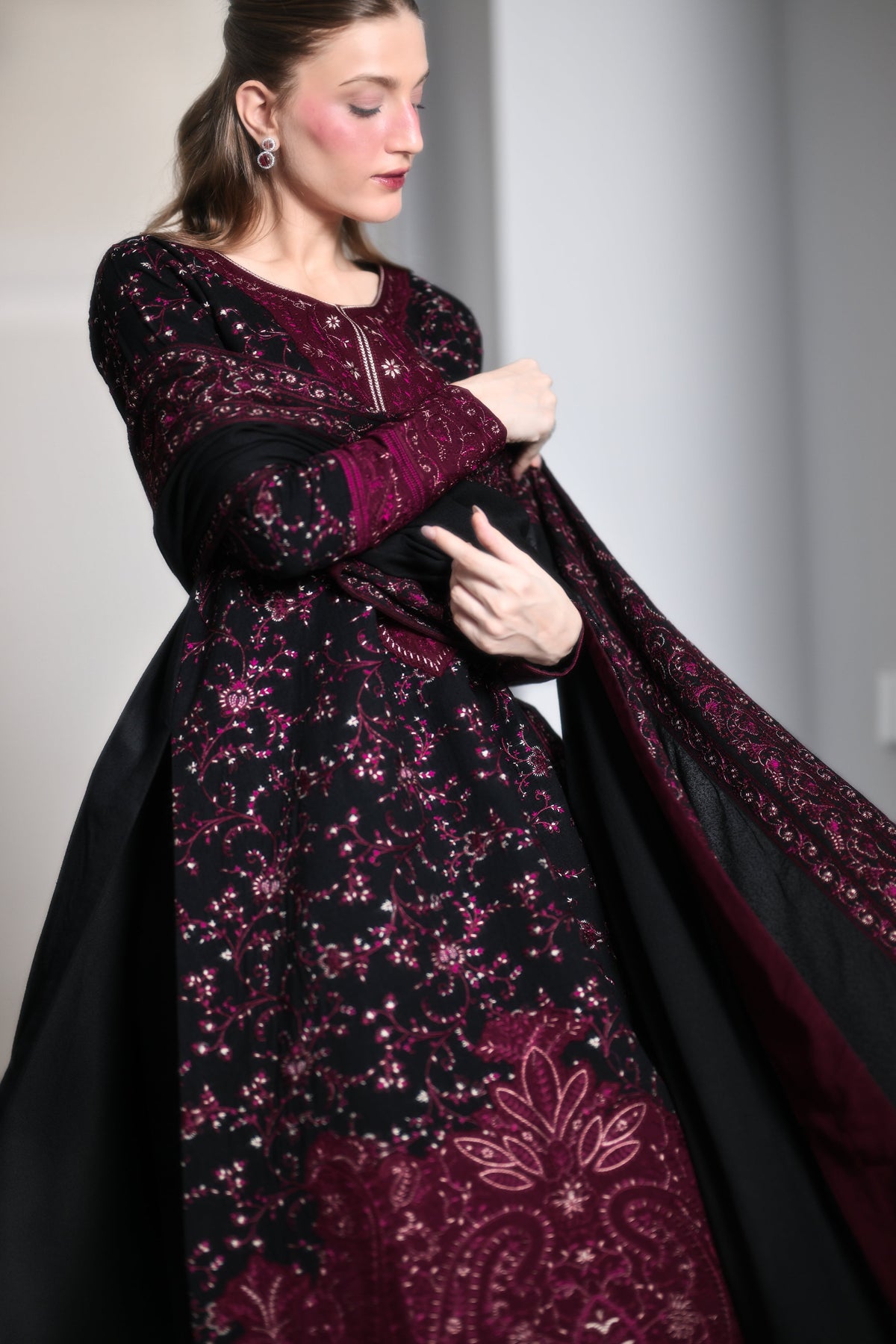 Black and Maroon Embroidered Karandi 3-Piece Suit