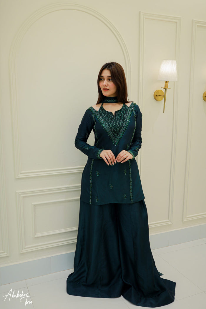 Green Hand Embellished Kurta Sharara Set