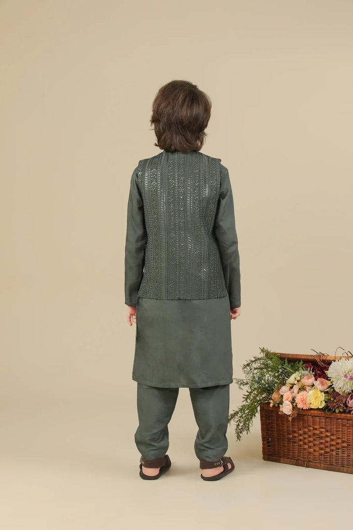 Olive Green Falling Embroidered Waistcoat - Kids