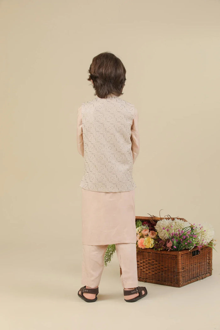 Coffee Beige Square Embroidered Waistcoat - Kids