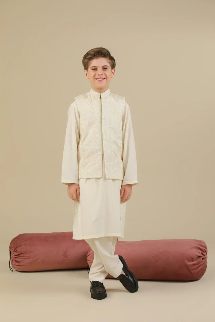 Bosky White Cross Stitched Embroidered Waistcoat - Kids