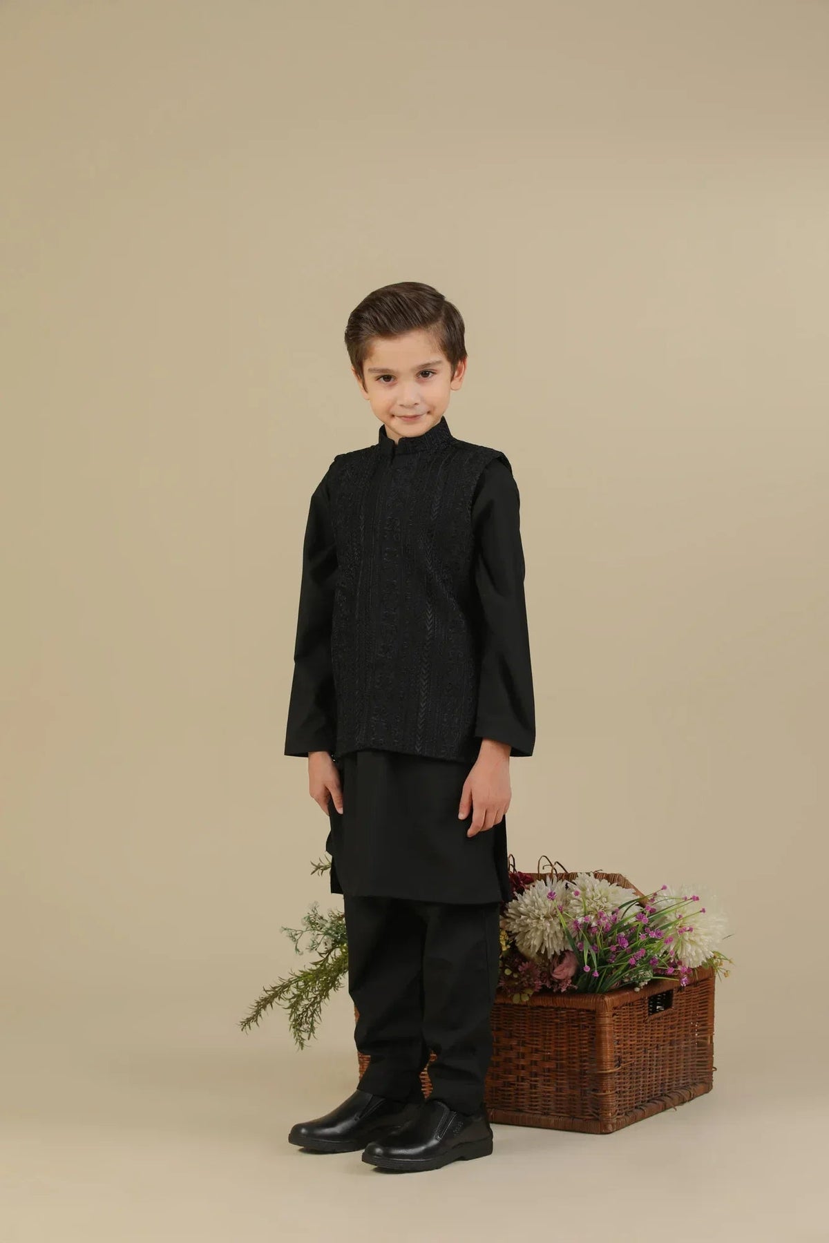 Black Cross Stitched Embroidered Waistcoat - Kids