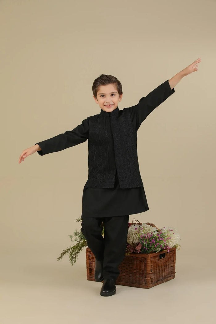 Black Cross Stitched Embroidered Waistcoat - Kids