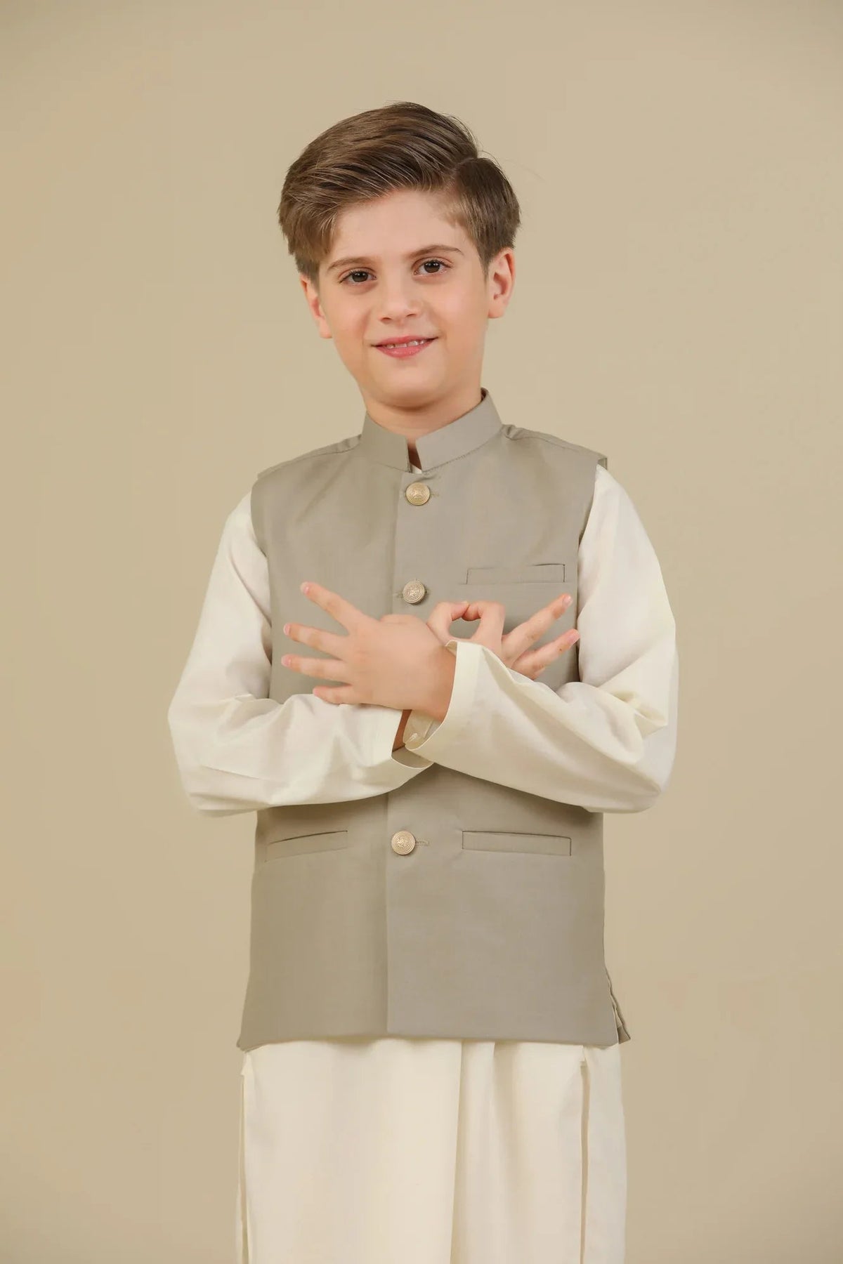 Beige Suiting Waistcoat - Straight Cut Buttoned - Kids
