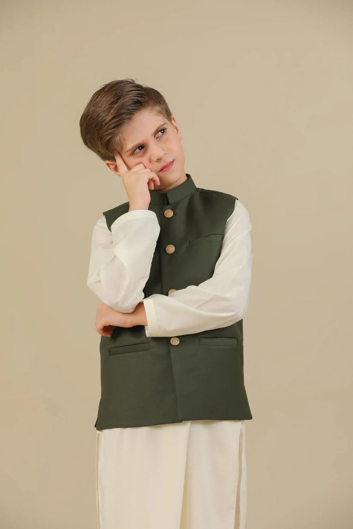 Army Green Suiting Waistcoat - Straight Cut Buttoned - Kids