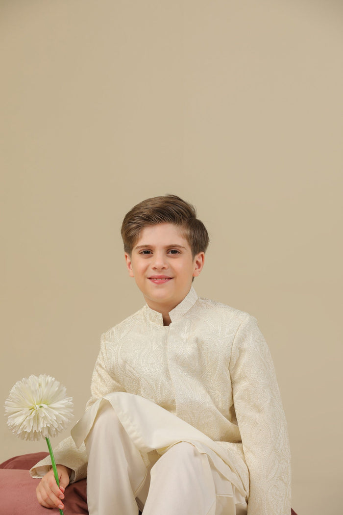Bosky White Cross Stitched Embroidered Prince Coat - Kids