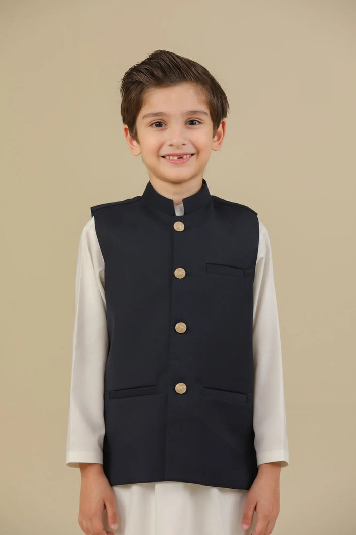 Navy Blue Suiting Waistcoat - Straight Cut Buttoned - Kids