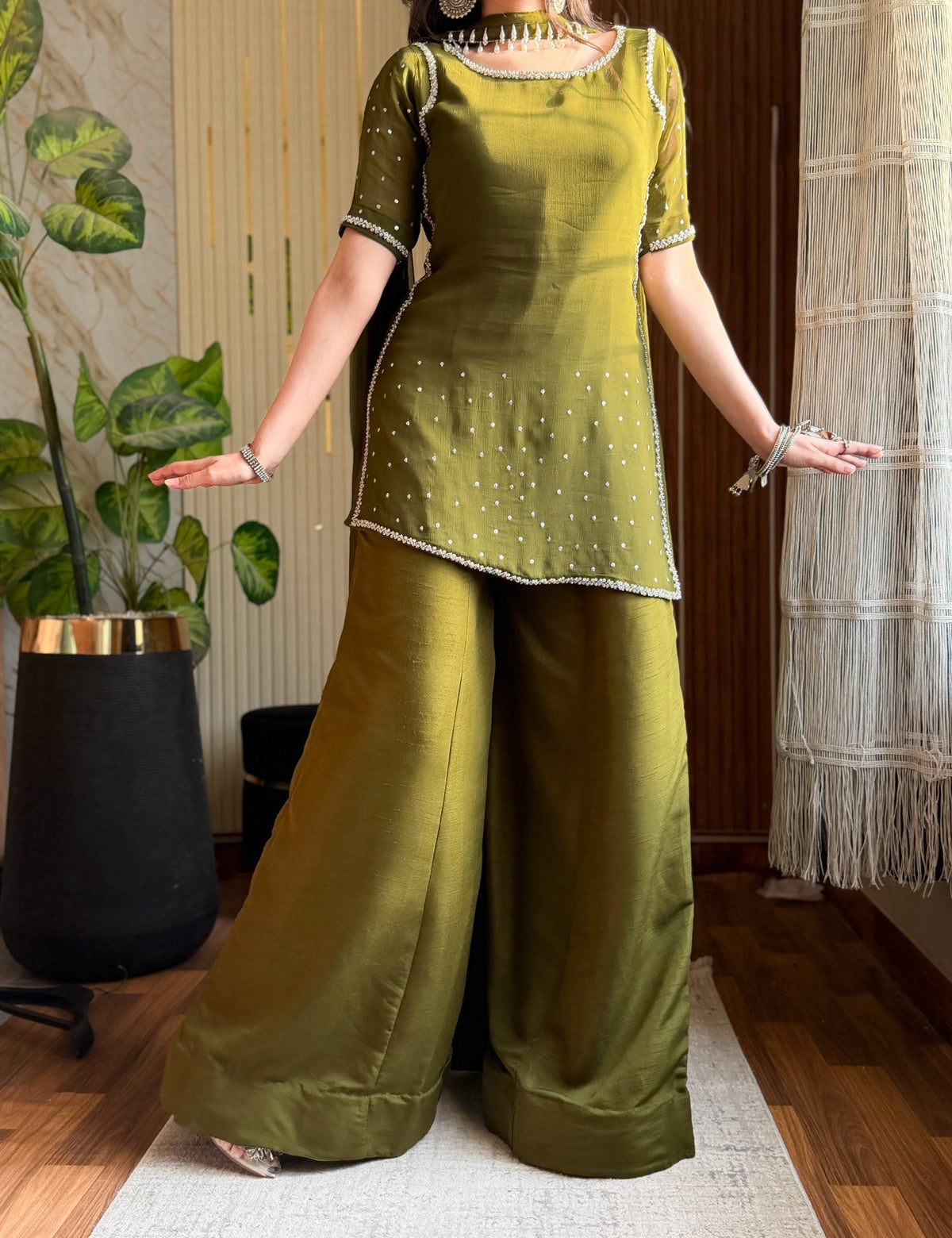 Green Hand Embellished Kurta Palazzo Pants With Dupatta