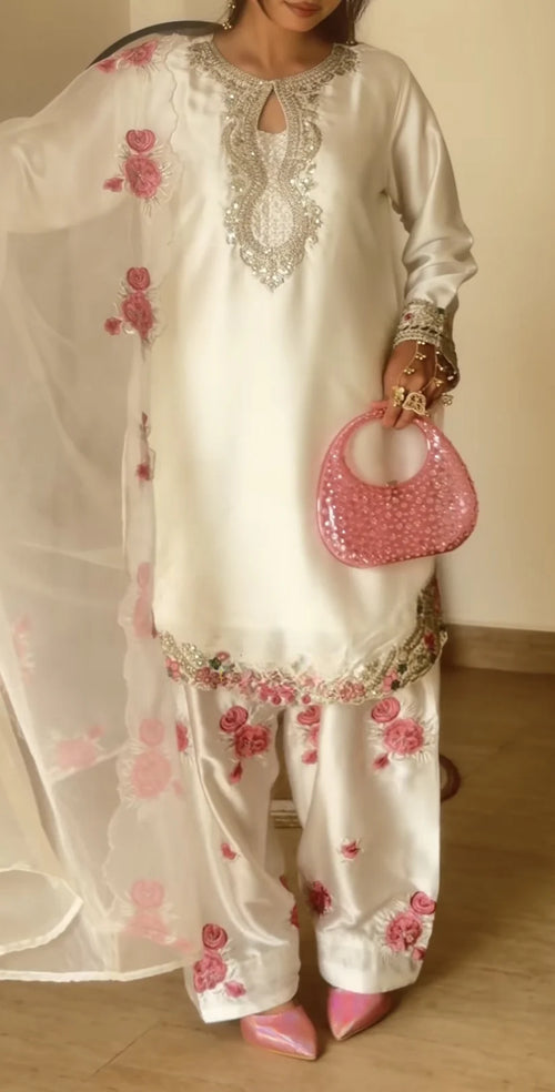 Rose Luxe Embroidered Silk Suit Set